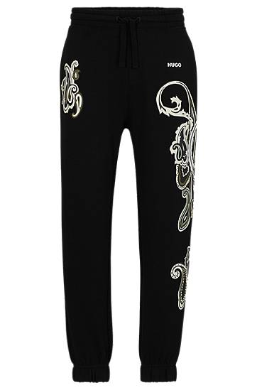 Cotton-terry tracksuit bottoms with paisley motif, Hugo boss