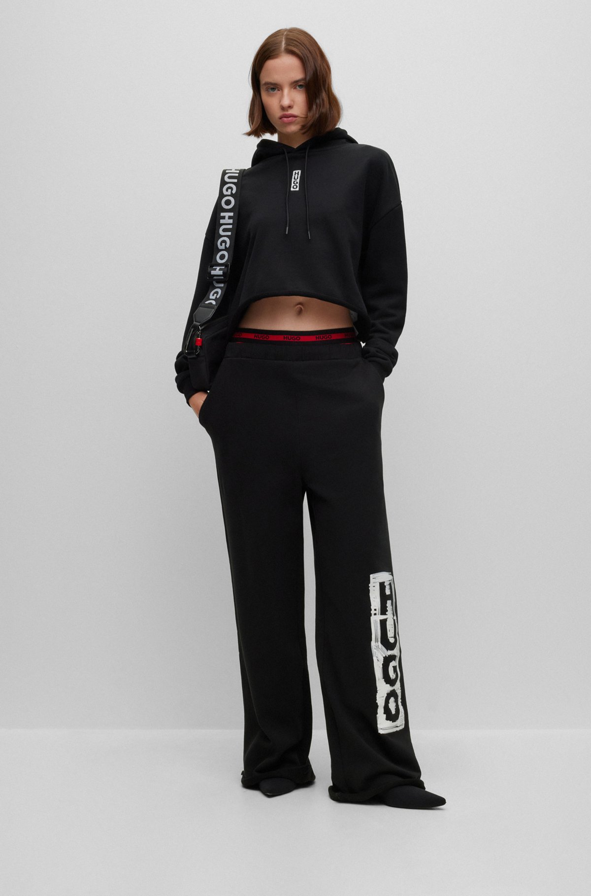 Cotton-terry tracksuit bottoms with vertical logo, Black