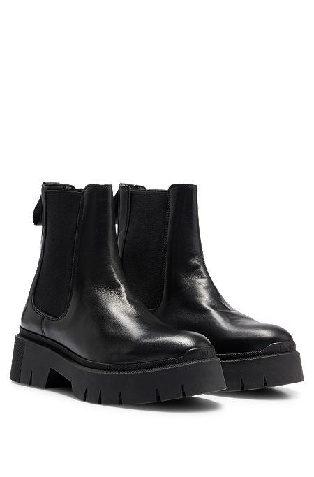 Leather Chelsea boots with chunky outsole and branded loops, Black