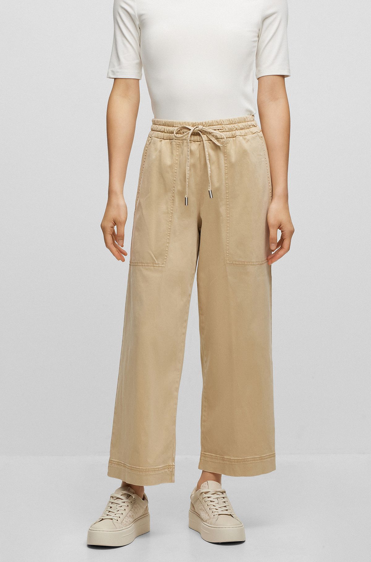 Relaxed-fit drawstring trousers in garment-dyed stretch satin, Beige