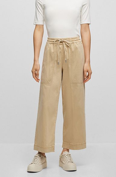 Relaxed-fit drawstring trousers in garment-dyed stretch satin, Beige