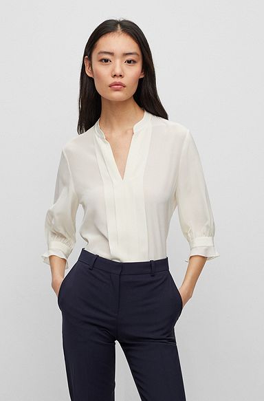 Regular-fit blouse in pure silk with pleat front , White