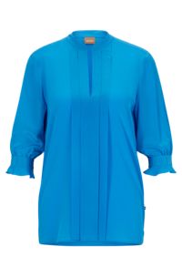 Блузка стандартного кроя из чистого шелка со складками спереди , Синий