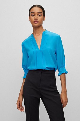 Regular-fit blouse in pure silk with pleat front , Blue