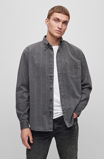 Relaxed-fit shirt in tyre-print cotton, Dark Grey
