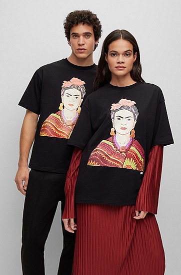 BOSS 博斯Frida Kahlo 作品图案宽松版型棉质 T 恤,  001_Black