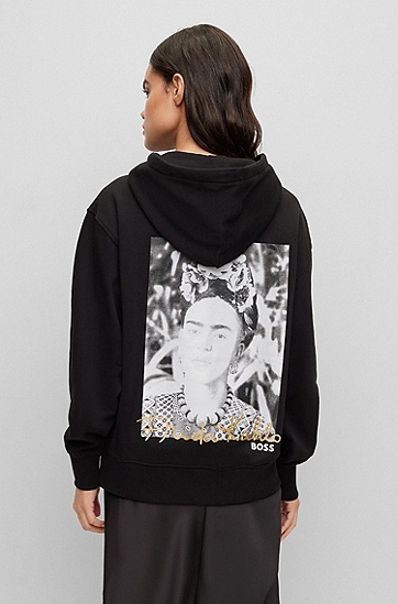 BOSS 博斯Frida Kahlo 图案宽松版型棉质毛圈布连帽衫,  001_Black
