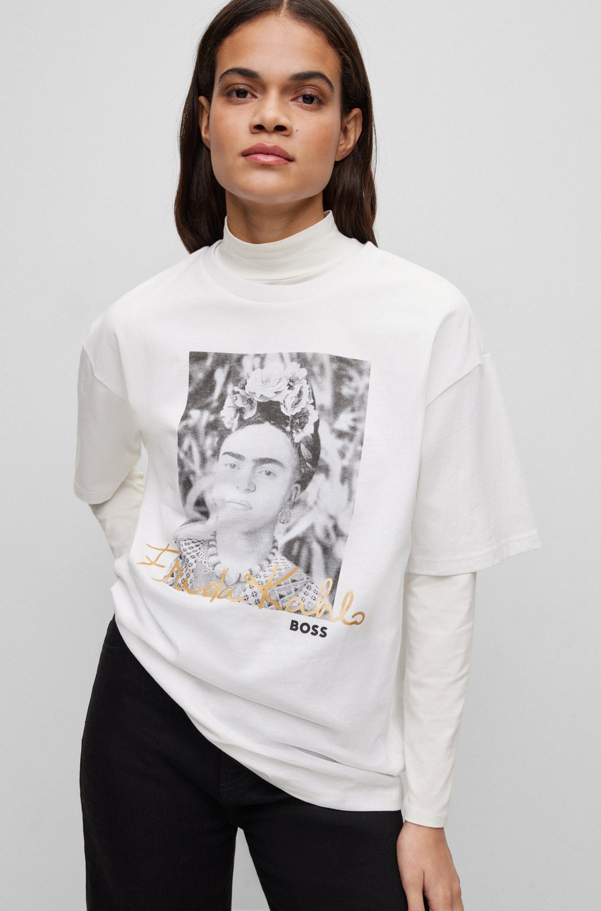Relaxed-fit organic-cotton T-shirt with Frida Kahlo graphic, White