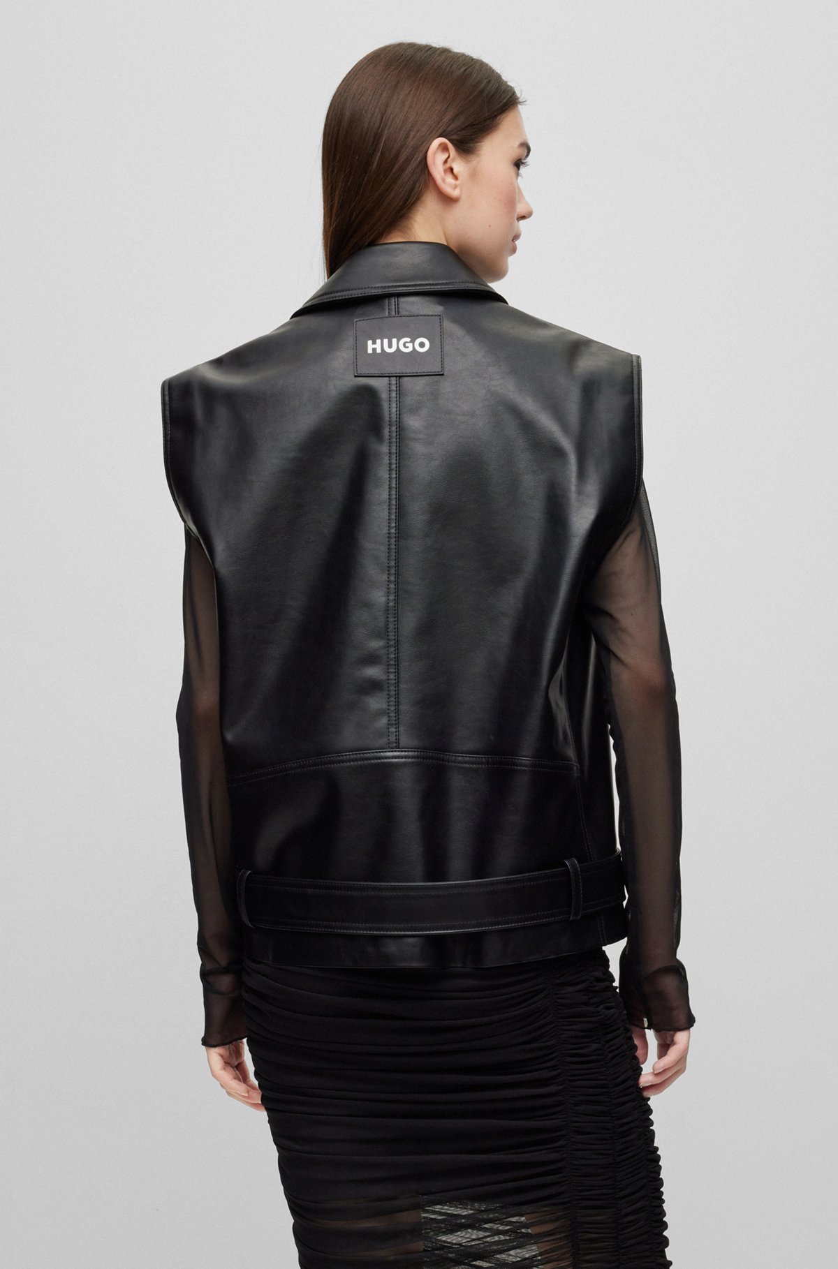 Relaxed-fit biker-style sleeveless jacket in faux leather, Black