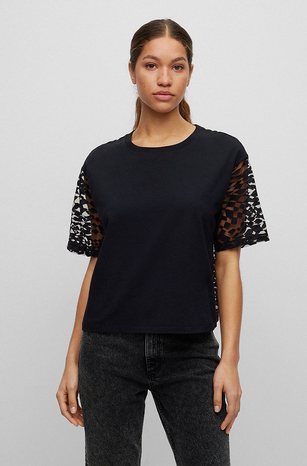 Cotton-blend T-shirt with logo-lace details, Black
