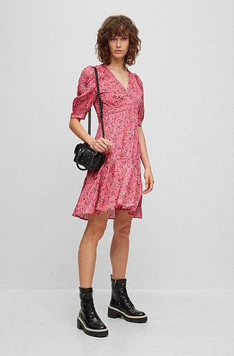 Puff-sleeve regular-fit dress with floral print, Pink