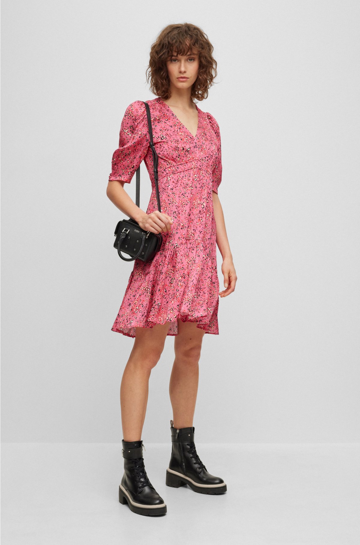 BOSS - Kleid Regular-Fit mit Blumen-Print Puffärmeln und
