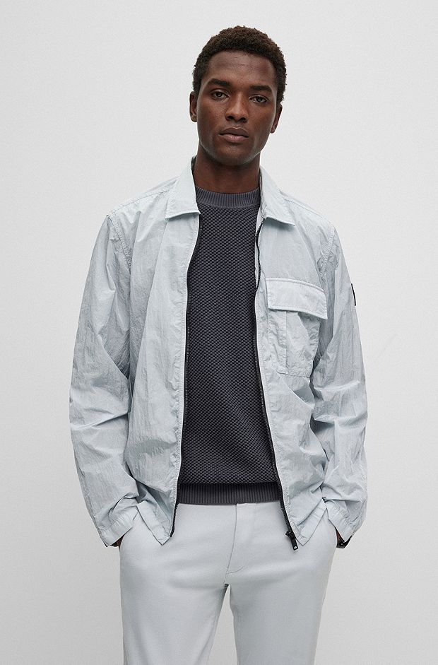 Oversized-fit zip-up overshirt with logo patch, Light Grey