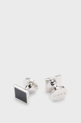 Boutons de manchette carr&eacute;s avec insert en &eacute;mail et logo, Noir