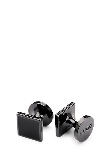Square cufflinks with enamel core and logo, Black