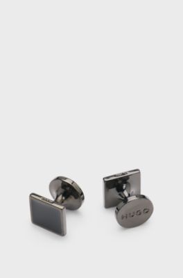Boutons de manchette carr&eacute;s avec insert en &eacute;mail et logo, Noir