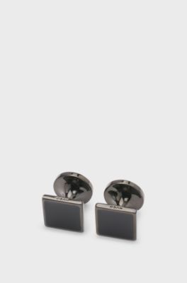 Square cufflinks with enamel core and logo, Black