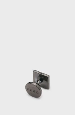 Boutons de manchette carr&eacute;s avec insert en &eacute;mail et logo, Noir
