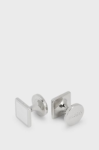 Square cufflinks with enamel core and logo, White
