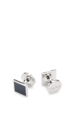 Square cufflinks with enamel core and logo, Dark Blue