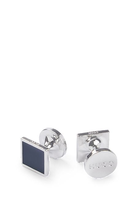Square cufflinks with enamel core and logo, Dark Blue