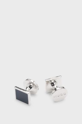 Square cufflinks with enamel core and logo, Dark Blue