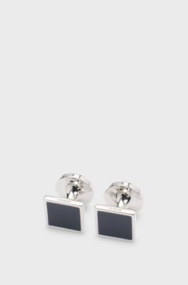 Square cufflinks with enamel core and logo, Dark Blue