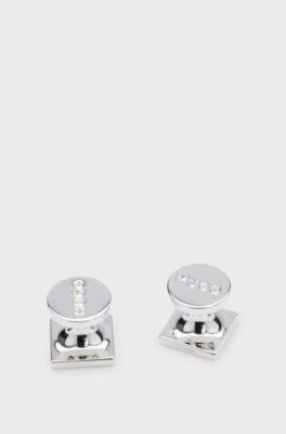 Square cufflinks with enamel core and logo, Dark Blue