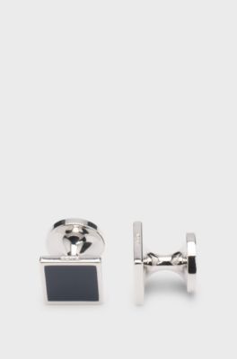 Square cufflinks with enamel core and logo, Dark Blue