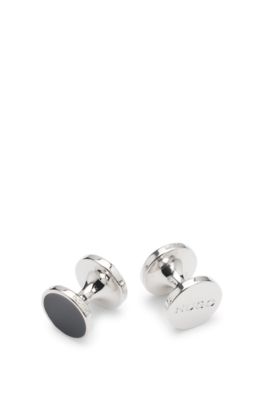 Round cufflinks with enamel core and logo, Black