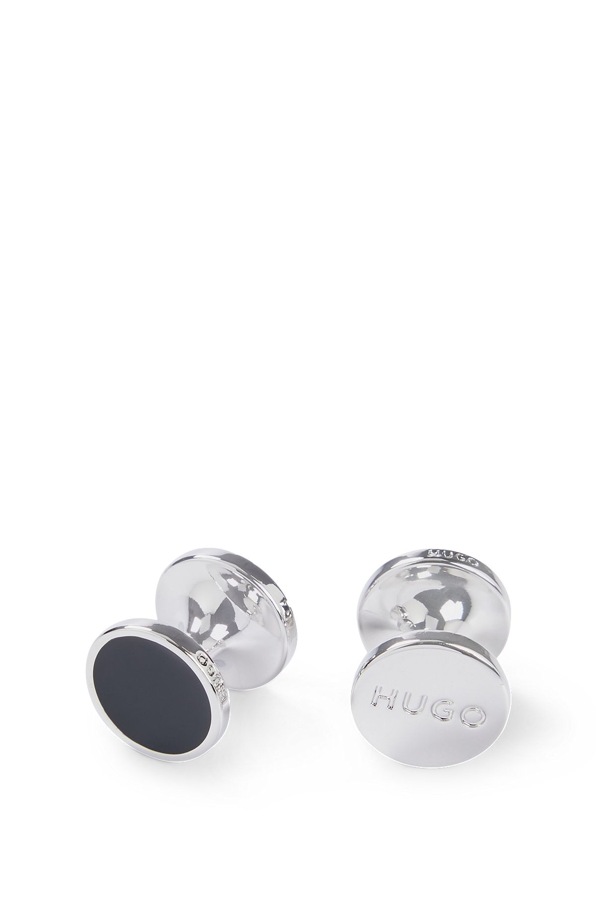 Round cufflinks with enamel core and logo, Black