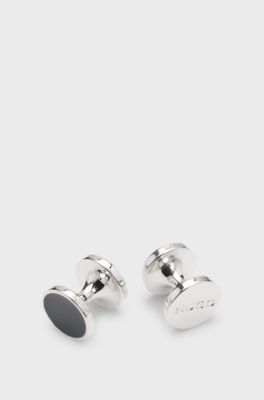 Round cufflinks with enamel core and logo, Black