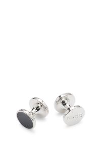 Round cufflinks with enamel core and logo, Black