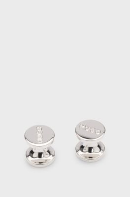 Round cufflinks with enamel core and logo, Black