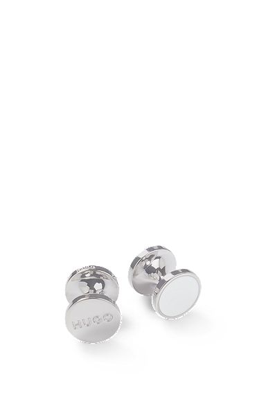Round cufflinks with enamel core and logo, White