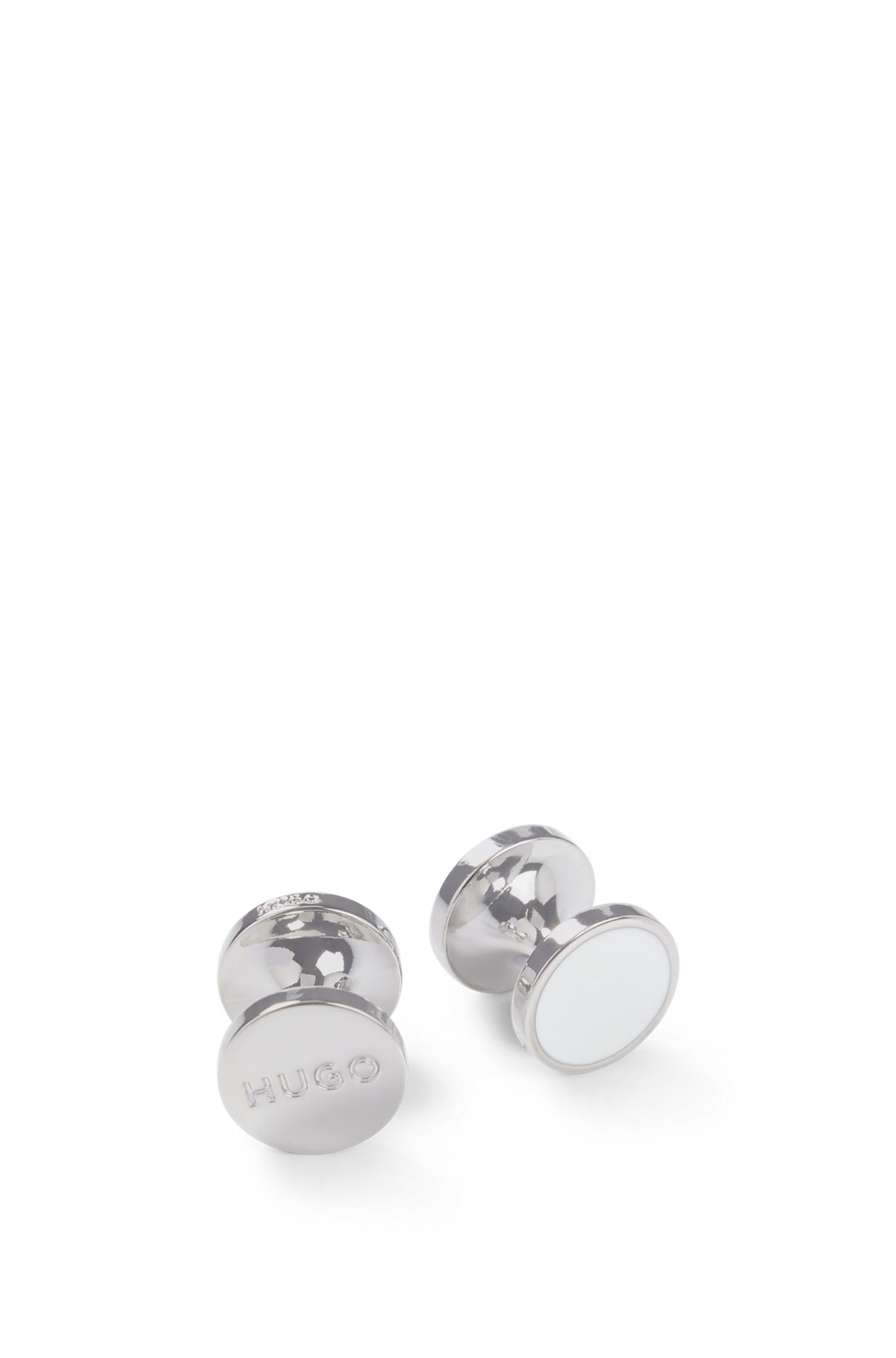Round cufflinks with enamel core and logo, White