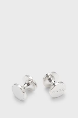 Round cufflinks with enamel core and logo, White