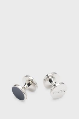 Round cufflinks with enamel core and logo, Dark Blue