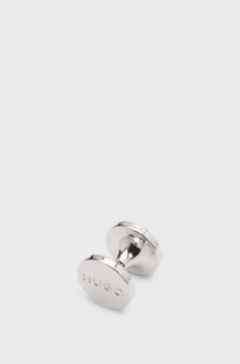 Round cufflinks with enamel core and logo, Dark Blue