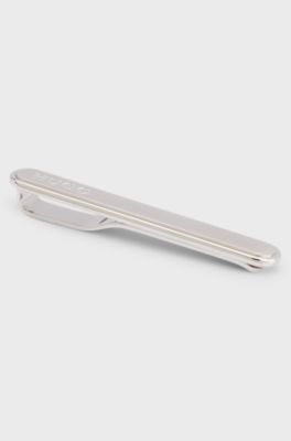 Oval-shaped tie clip with engraved logo, Silver tone