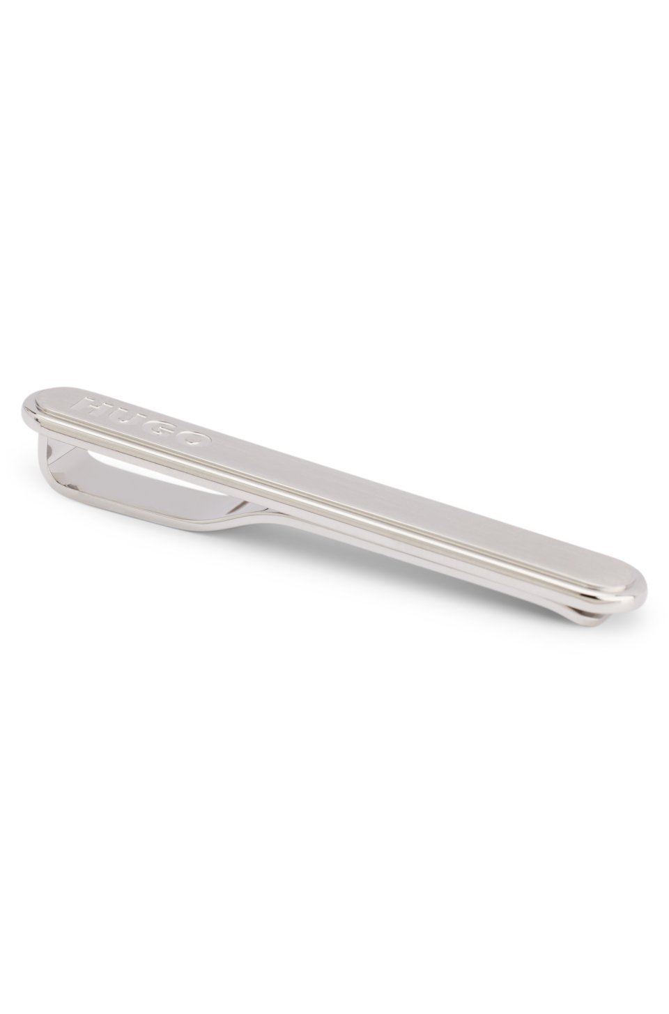 Oval-shaped tie clip with engraved logo
