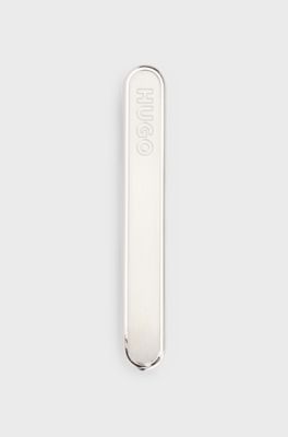Oval-shaped tie clip with engraved logo, Silver tone