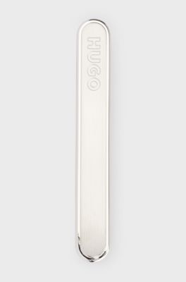 Oval-shaped tie clip with engraved logo, Silver tone