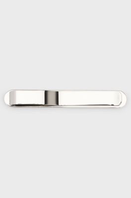 Oval-shaped tie clip with engraved logo, Silver tone