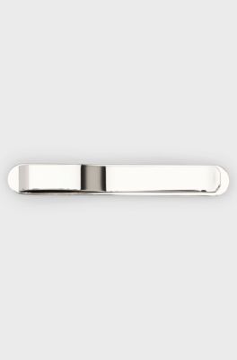 Oval-shaped tie clip with engraved logo, Silver tone