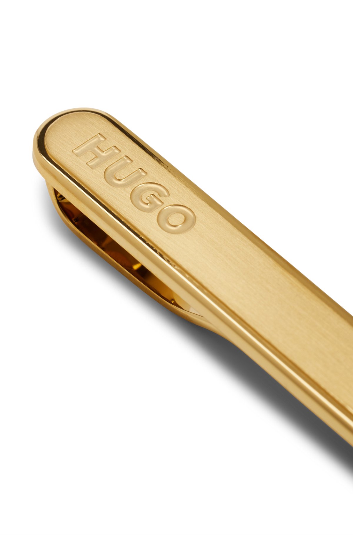 Oval-shaped tie clip with engraved logo, Gold