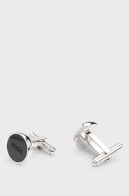 Round cufflinks with logo-engraved enamel inserts, Black