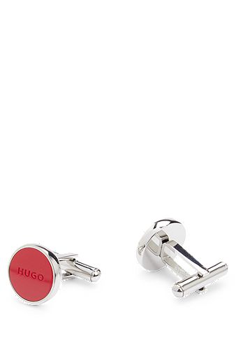 Round cufflinks with logo-engraved enamel inserts, Red