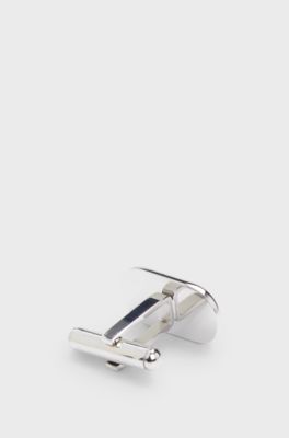 Oval-shaped cufflinks with engraved logos, Silver tone