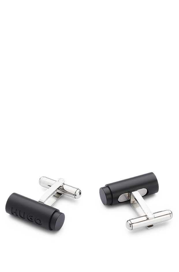 Black-aluminium cufflinks with cylindrical cord-stopper design, Black